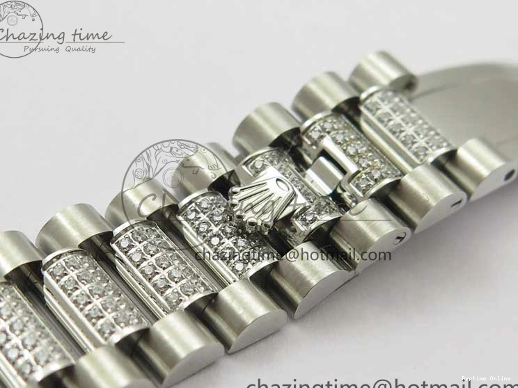 0517 SmoothTexture Day-Date 36mm 128239 SS Crystal BP Best Edition Black MOP Crystal Marker Dial on SS President Bracelet A 2681